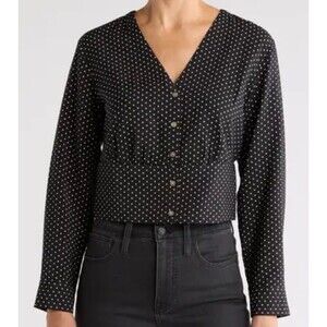 Madewell  Button Front Top/ Blouse S Black White  Polka Dot Long Sleeve  V-Neck